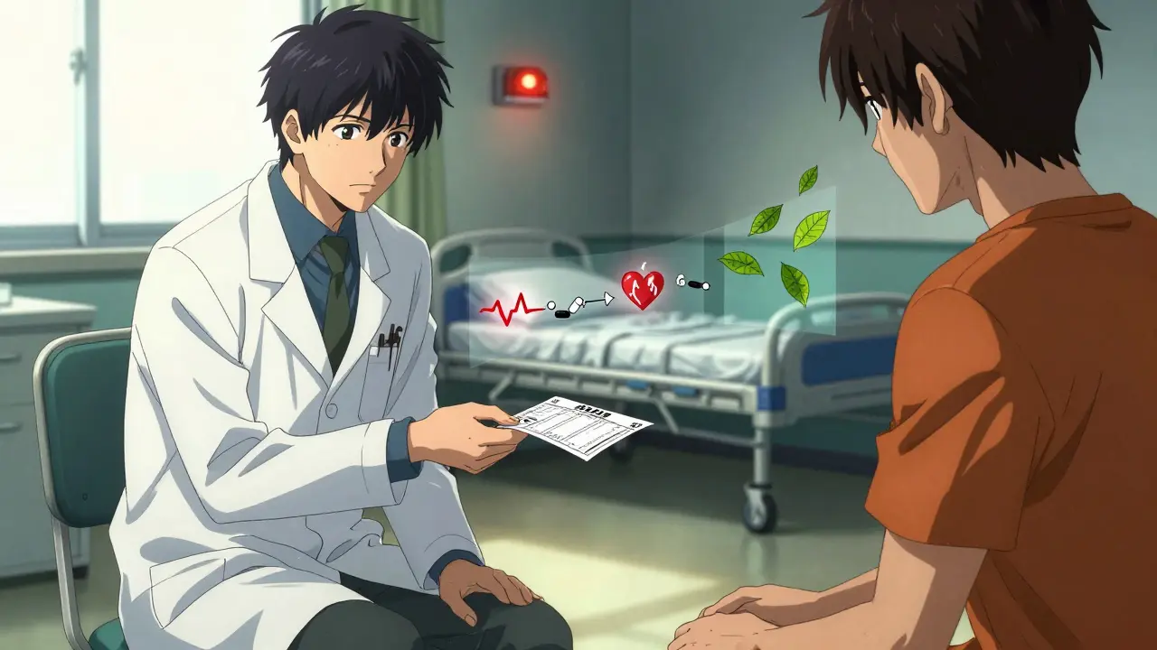 Doctor and patient discussing medication options, glowing chain reaction of health benefits visible around them.