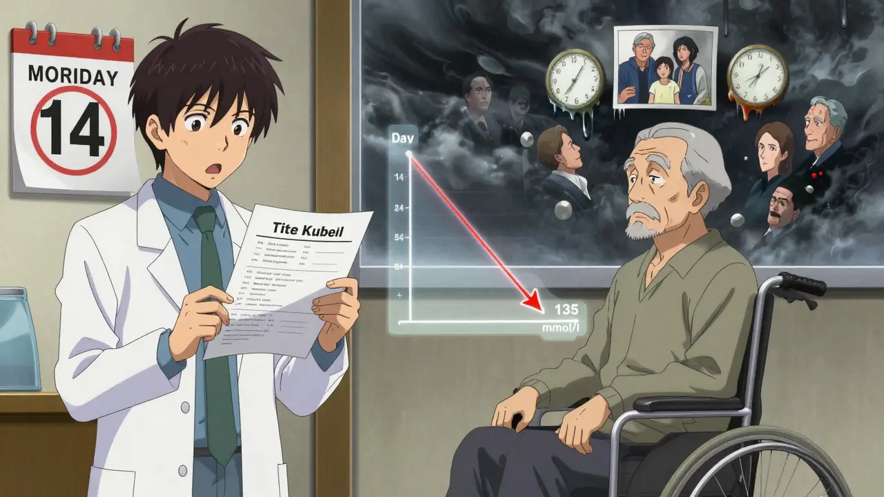 Doctor examining blood test as elderly man experiences memory loss, with sodium levels dropping, anime style.