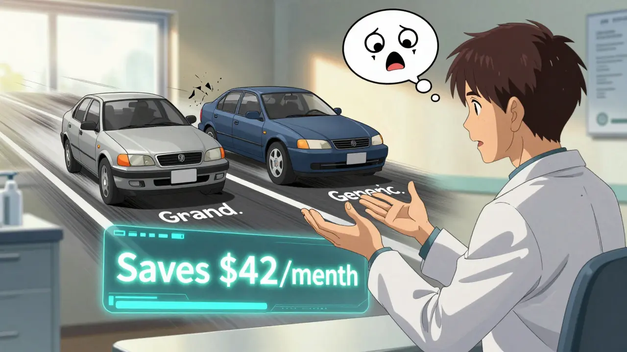 Doctor explaining generic equivalence to a patient using a car analogy with floating visual metaphors in Tite Kubo style.