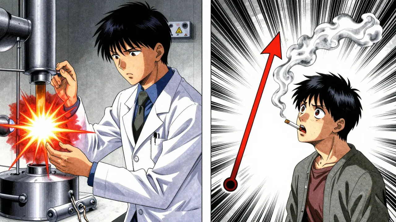 Doctor reviewing blood test as enzyme factory shuts down, patient who quit smoking shocked by rising toxicity levels.