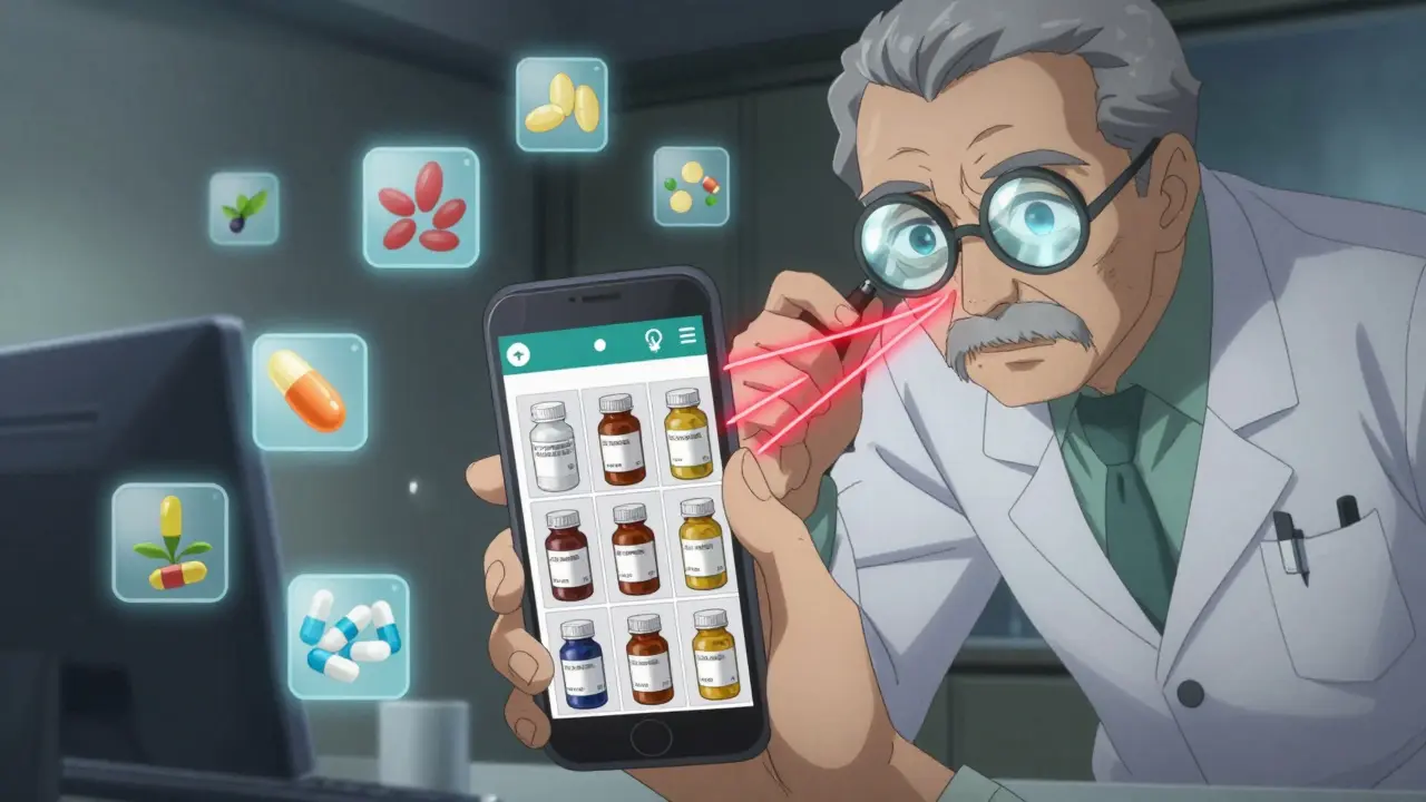 Elderly man showing pill bottle photos to a pharmacist, with warning lines between interacting medications.