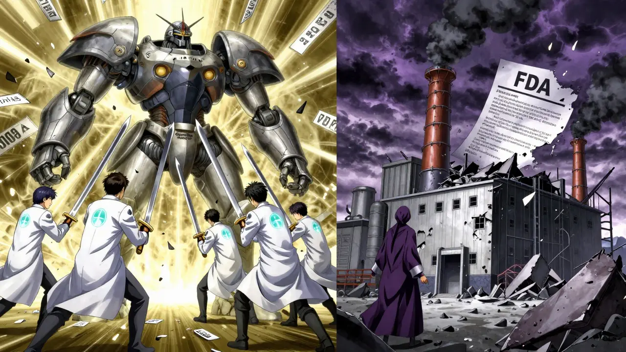 Generic drug manufacturers battle a monopoly monolith in a stylized medicinal battlefield.