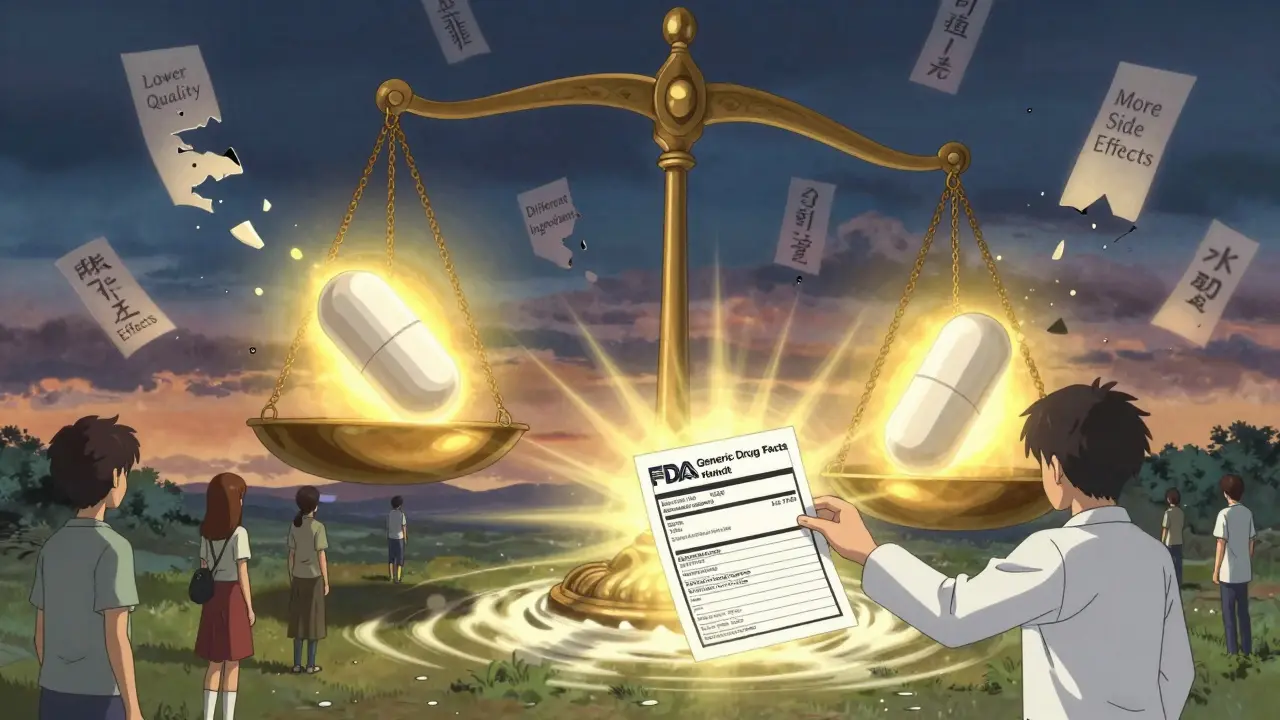 Giant scale balancing brand and generic pills as myths crumble, with clinician placing FDA handout on scale in anime style.