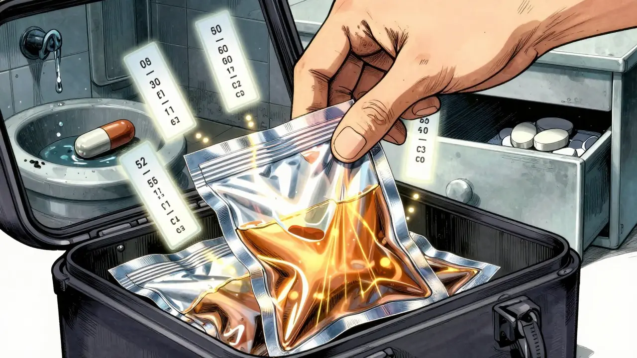 Hand placing vacuum-sealed pills into an emergency kit with glowing potency lines.