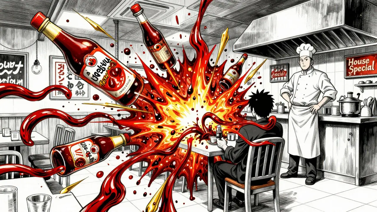 Hidden tyramine ingredients explode in a restaurant kitchen with energy bursts.