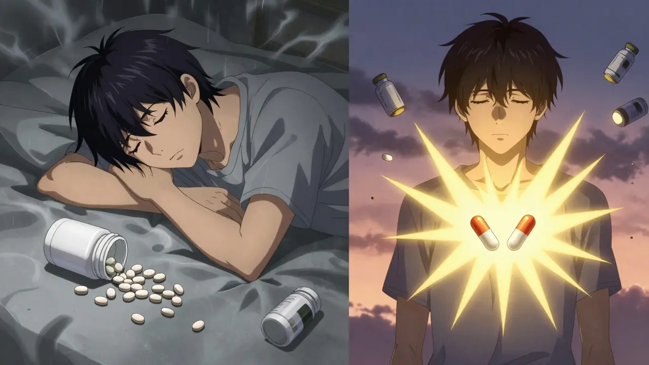 Patient beside two contrasting pill scenes: many gabapentin pills vs few pregabalin capsules with calming light.