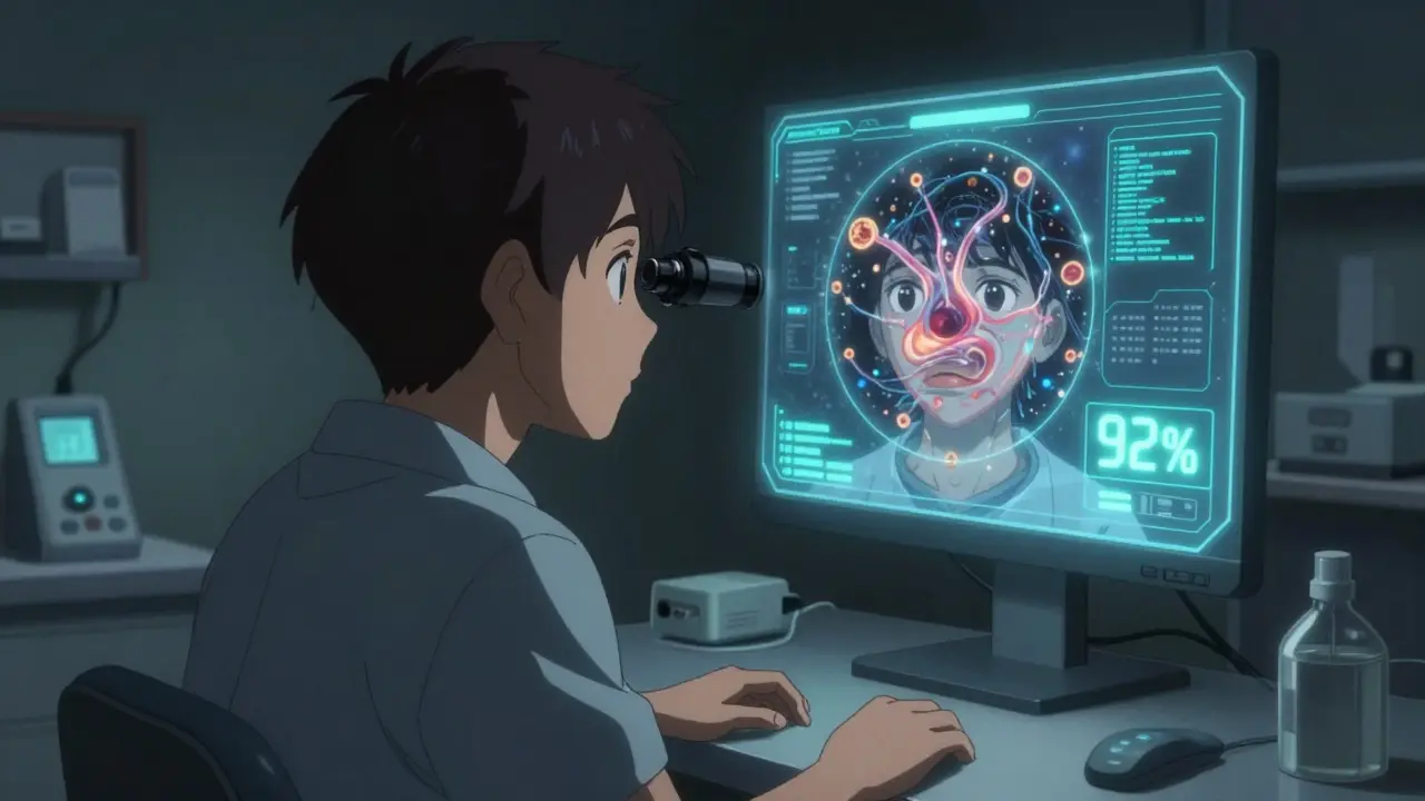 Patient sees a microscopic storm of retinal damage reflected in an eye scanner.