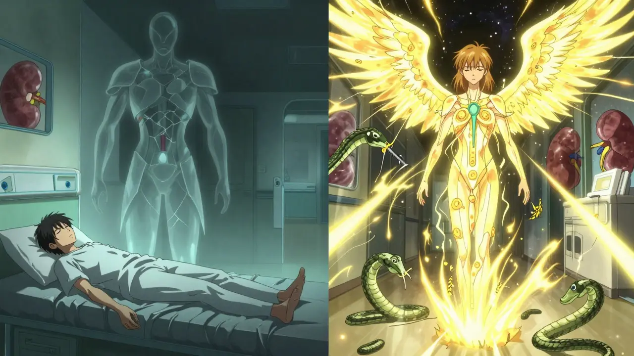 Patient torn between sickly immune shadow and healing guardian wielding iptacopan light.