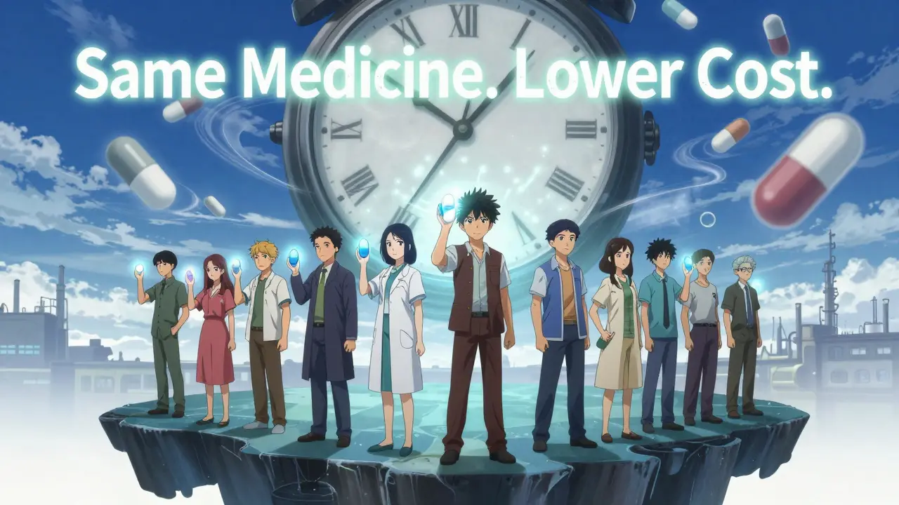 Patients holding differently shaped pills that emit the same healing energy, representing therapeutic equality.