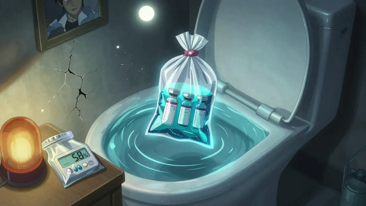 Person floating insulin vials in a toilet tank during a power outage for cooling.