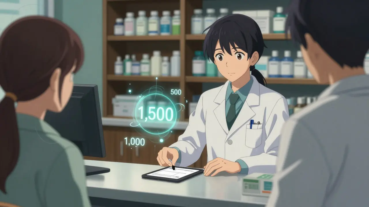 Pharmacist giving clozapine prescription with ANC levels floating nearby, no REMS portal