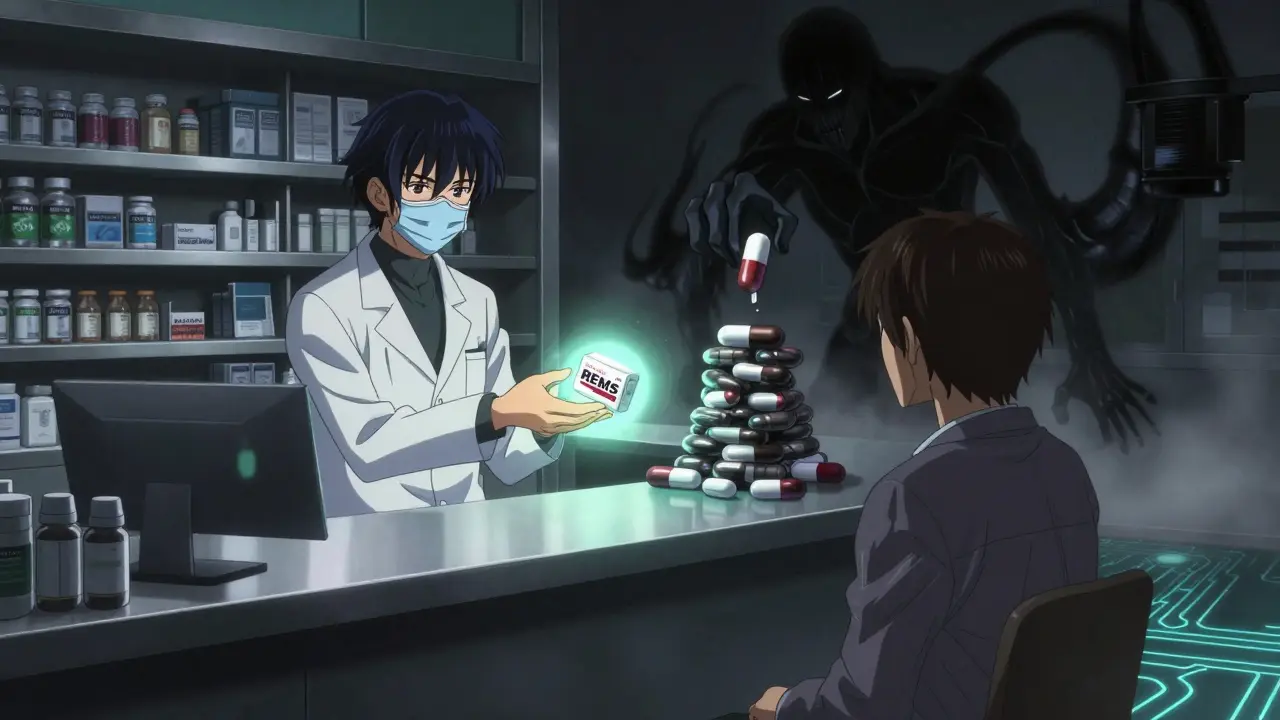 Pharmacist handing a glowing pregabalin capsule with warning aura at a surreal pharmacy counter.