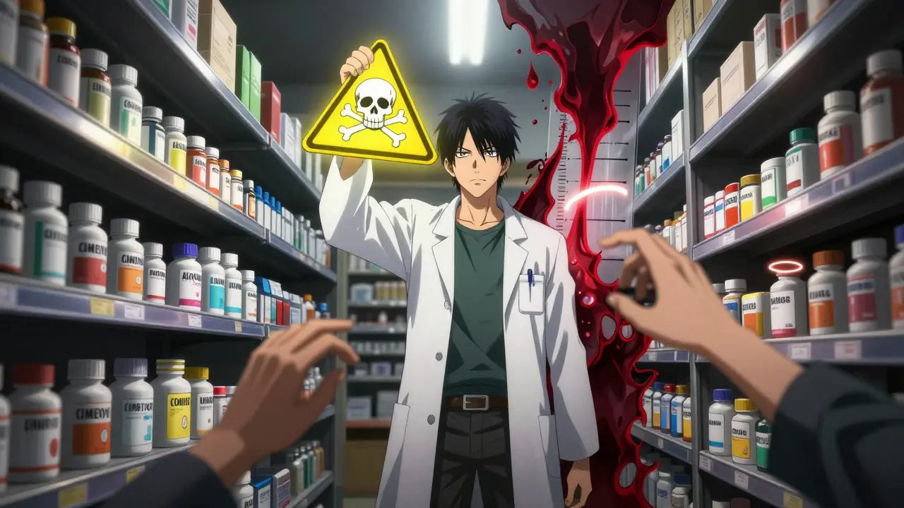 Pharmacist holding warning sign between common drugs, patient frozen reaching for one, toxic blood chart looming behind.