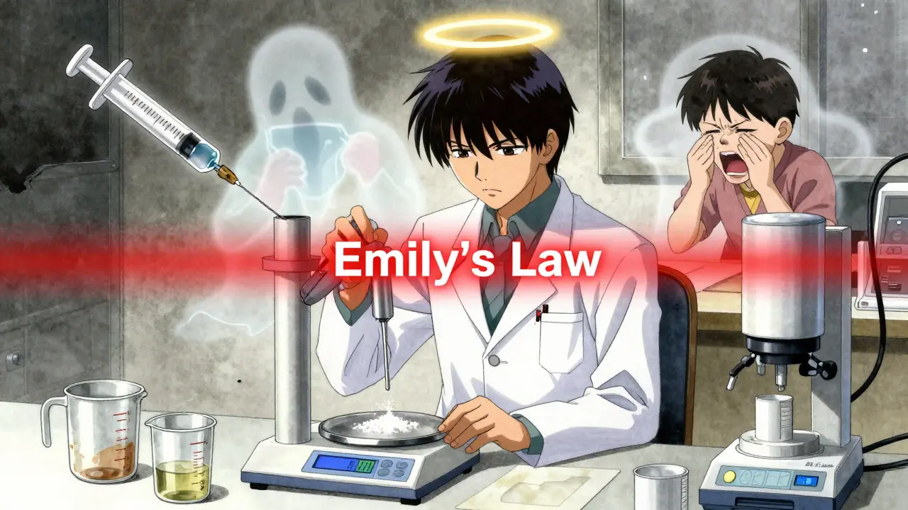 Pharmacist using precision scale to compound medication, ghostly errors and safety symbols surrounding them.