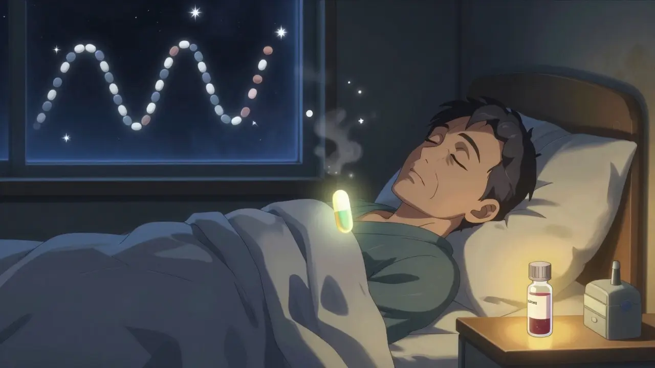 Sleeping elderly patient with mirtazapine pill glowing above, SSRIs dissolving into ash, anime style.