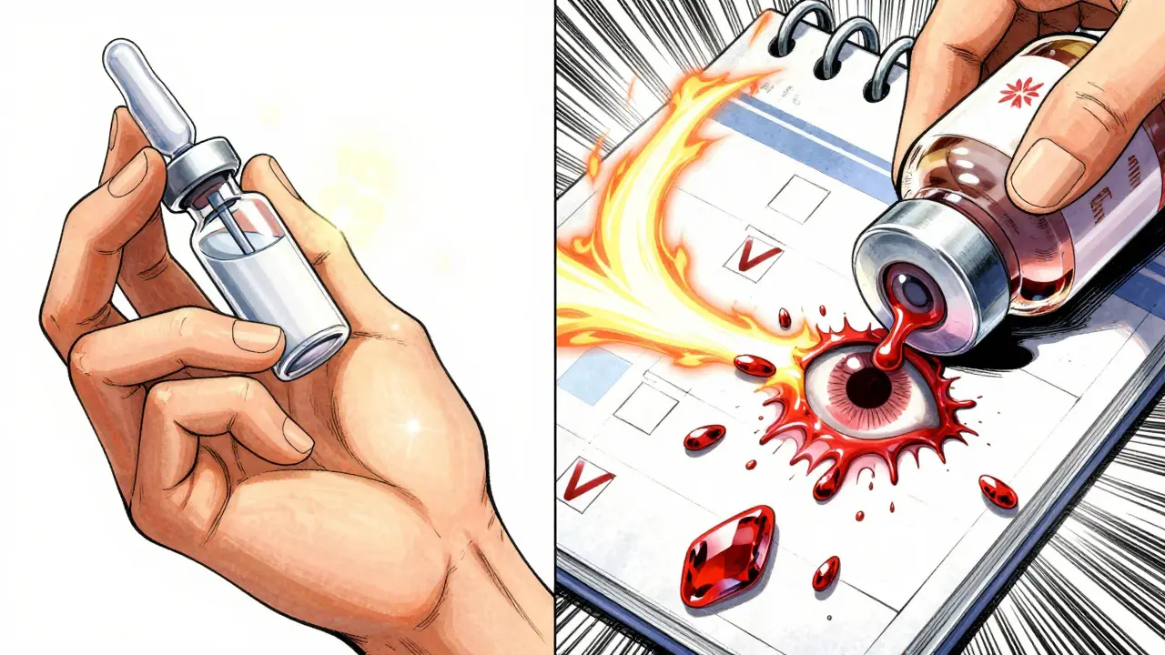 Split image: healing light from preservative-free drop vs corrosive crystals from preserved bottle, with footprints symbolizing treatment adherence.