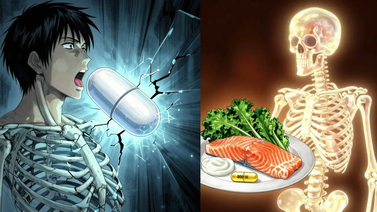 Split scene: a cracked bone from an oversized pill vs. balanced food and small supplement.