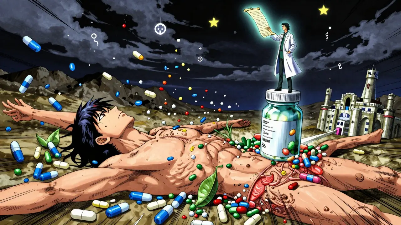 Symbolic battle inside a body between medication particles, guarded by a figure holding a printed list.