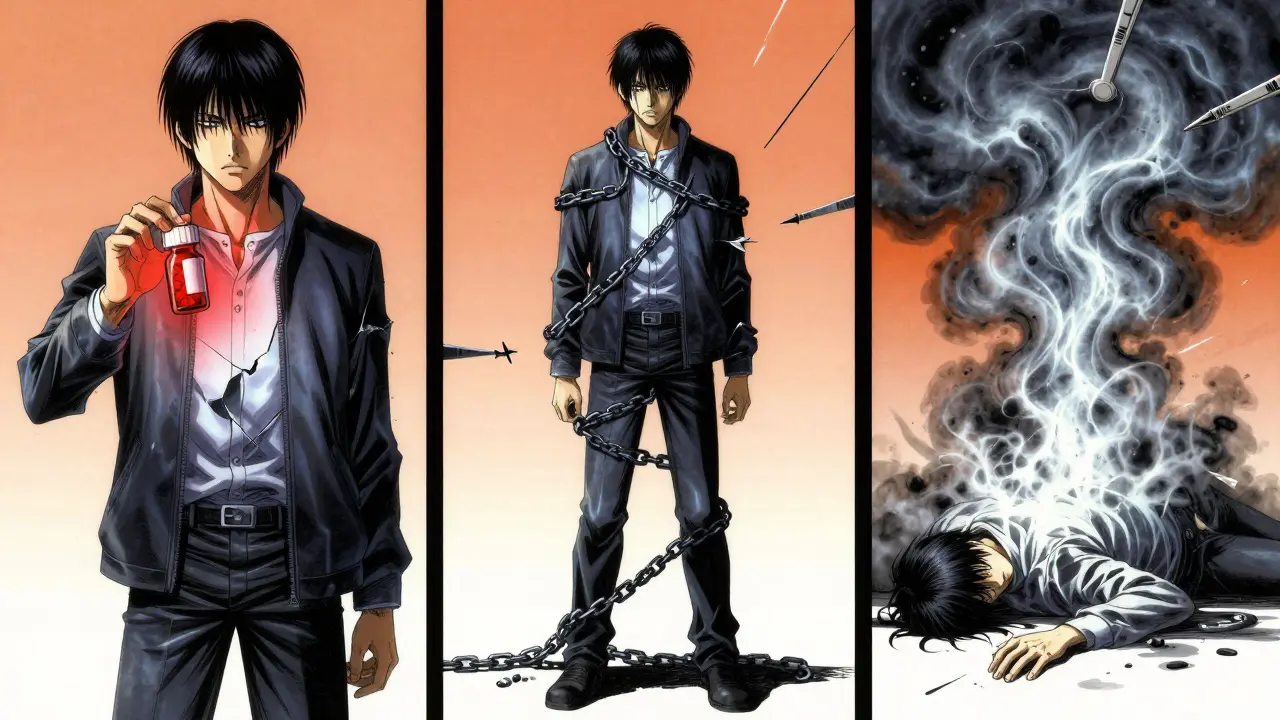 Three figures representing tolerance, dependence, and fentanyl overdose in a fractured triptych.