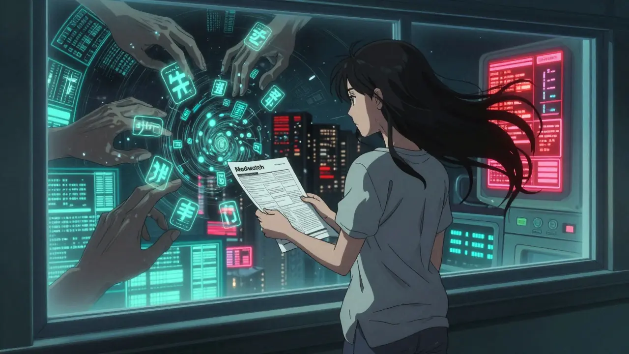 Woman at hospital window, digital hands pulling her into a vortex of symptom symbols and neon health alerts.