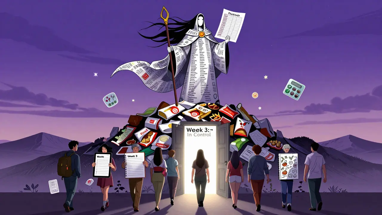 A guardian figure made of meal plans stands atop discarded diets, guiding people toward a door labeled 'Week 3: In Control.'