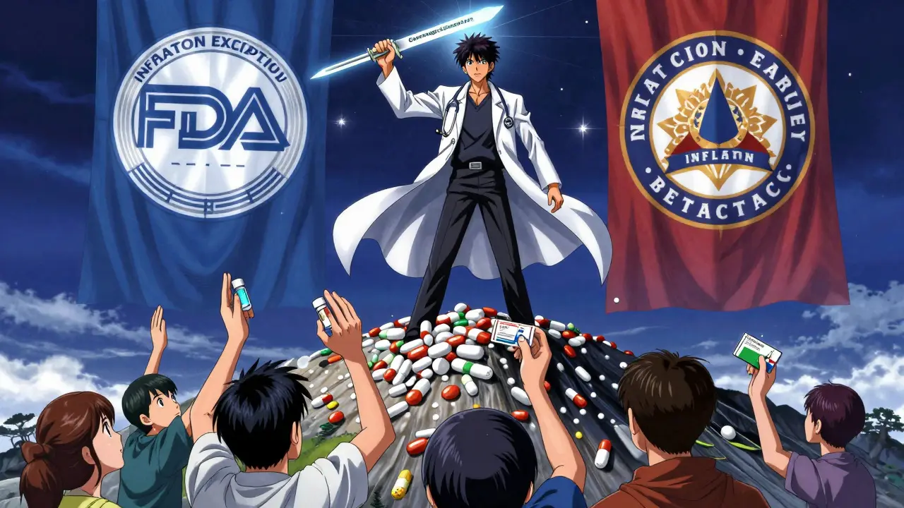 A hero in a lab coat standing atop discarded pills, patients raising hands as FDA and reform emblems glow in the sky.