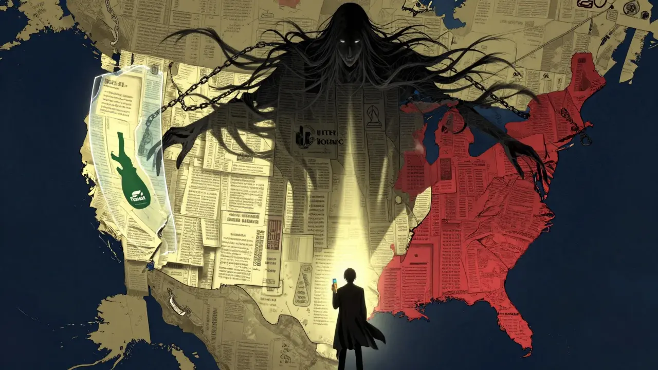 A massive corporate entity made of contracts looms over a U.S. map, casting shadows over states with unequal drug pricing.
