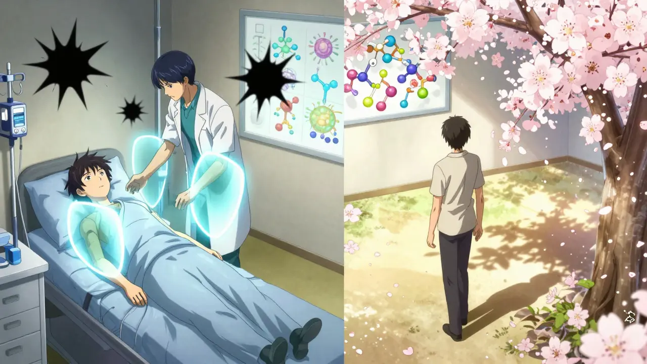 A patient receives targeted therapy as protective shields block chemo spikes, later walking in sunlight as tumor markers fade.