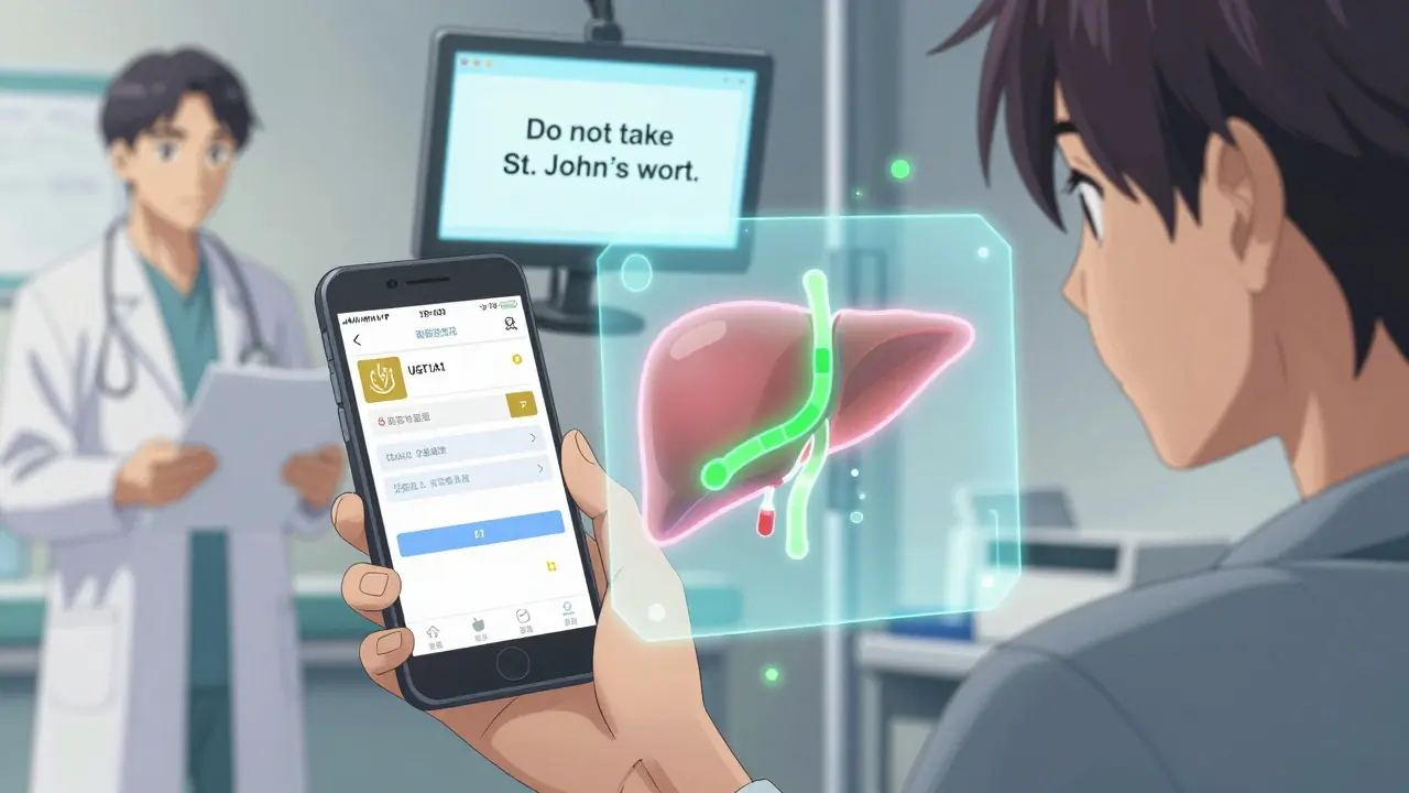 A patient viewing a genetic test result with a hologram showing safe and toxic drug metabolism pathways.