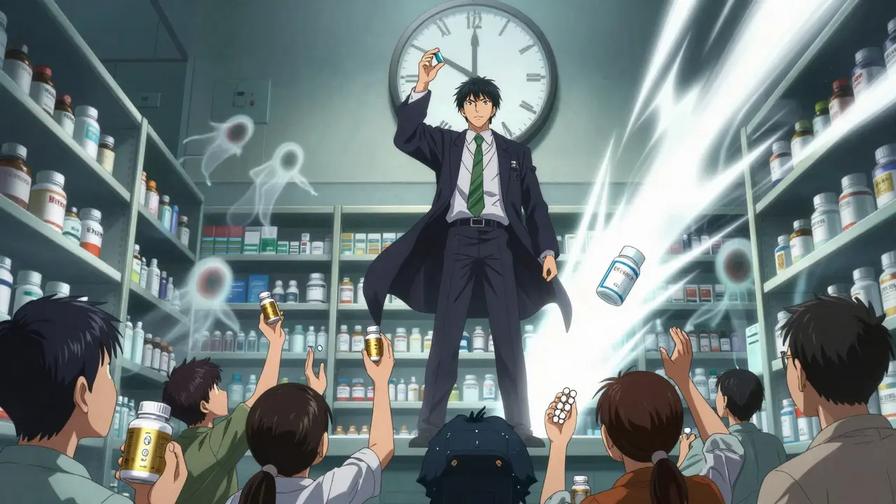 A pharmaceutical executive raises a pill like a sacred weapon as patients below reach for branded or generic versions in a towering pharmacy.