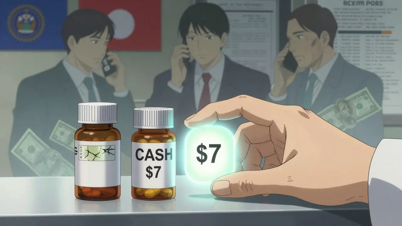 A pharmacist places two identical pill bottles—one marked for insurance, one for cash—with transparent figures of middlemen dissolving into money.