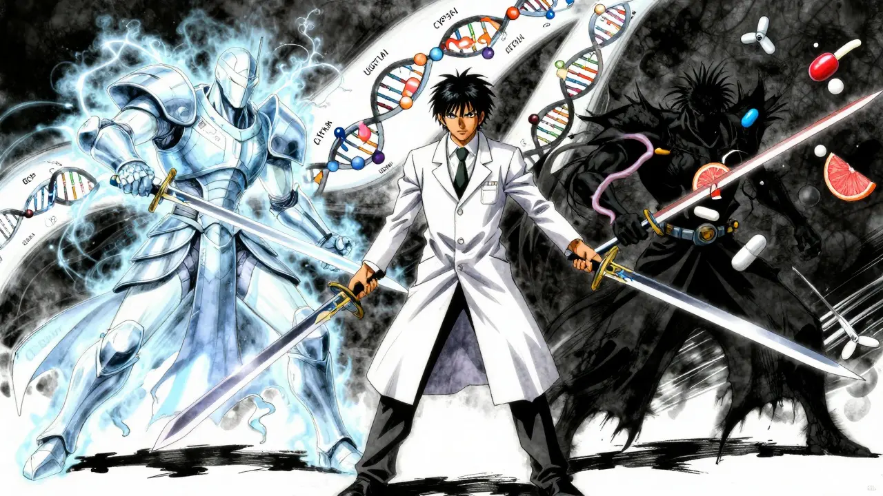 A pharmacist standing between chemotherapy and interfering drugs in a dramatic battle of metabolic pathways.