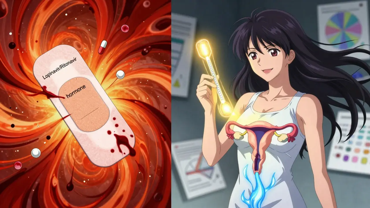 A woman on birth control patch with chaotic hormone flow vs. calm IUD with steady golden aura.