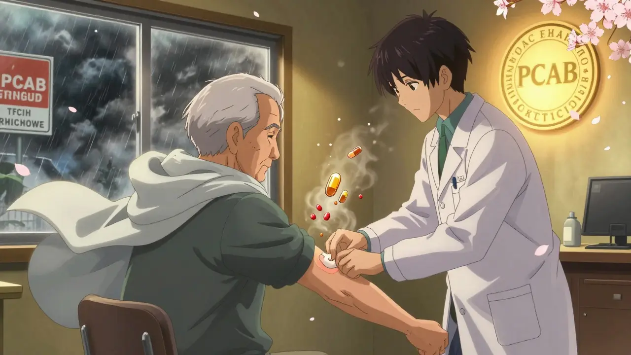An elderly patient receiving a transdermal patch as floating gels and dissolving pills surround them in a serene, golden-lit room.