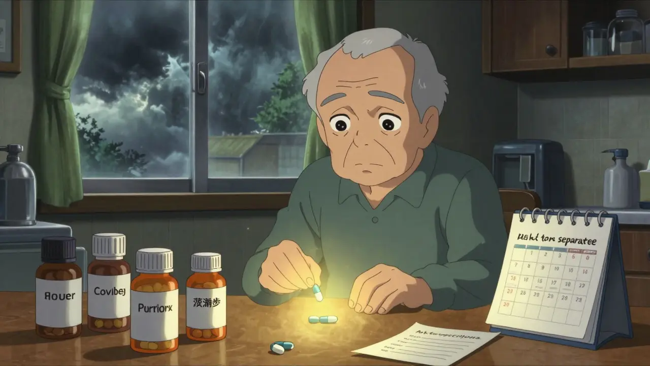 An elderly person surrounded by pill bottles and a calendar showing missed refills, with one glowing combination pill on the table.