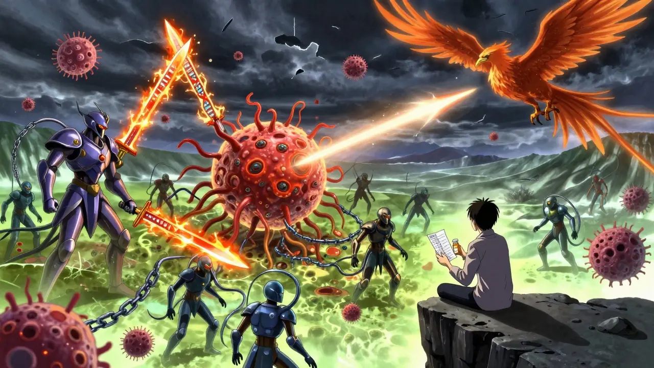 Battle between chemotherapy warriors and cancer cells in a surreal landscape with a patient watching in anime style.