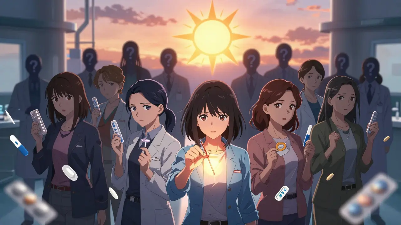 Diverse women in a clinic, one holding a glowing copper IUD as others' methods fade, symbolizing safe contraception.