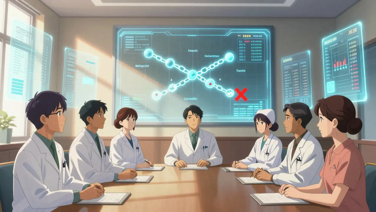 P&amp;T committee surrounded by floating data panels analyzing drug alternatives in a sunlit meeting room.