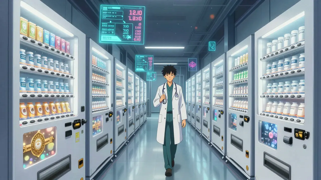 Parallel vending machines dispense branded and authorized generic pills in a futuristic hospital, with a pharmacist walking between them.