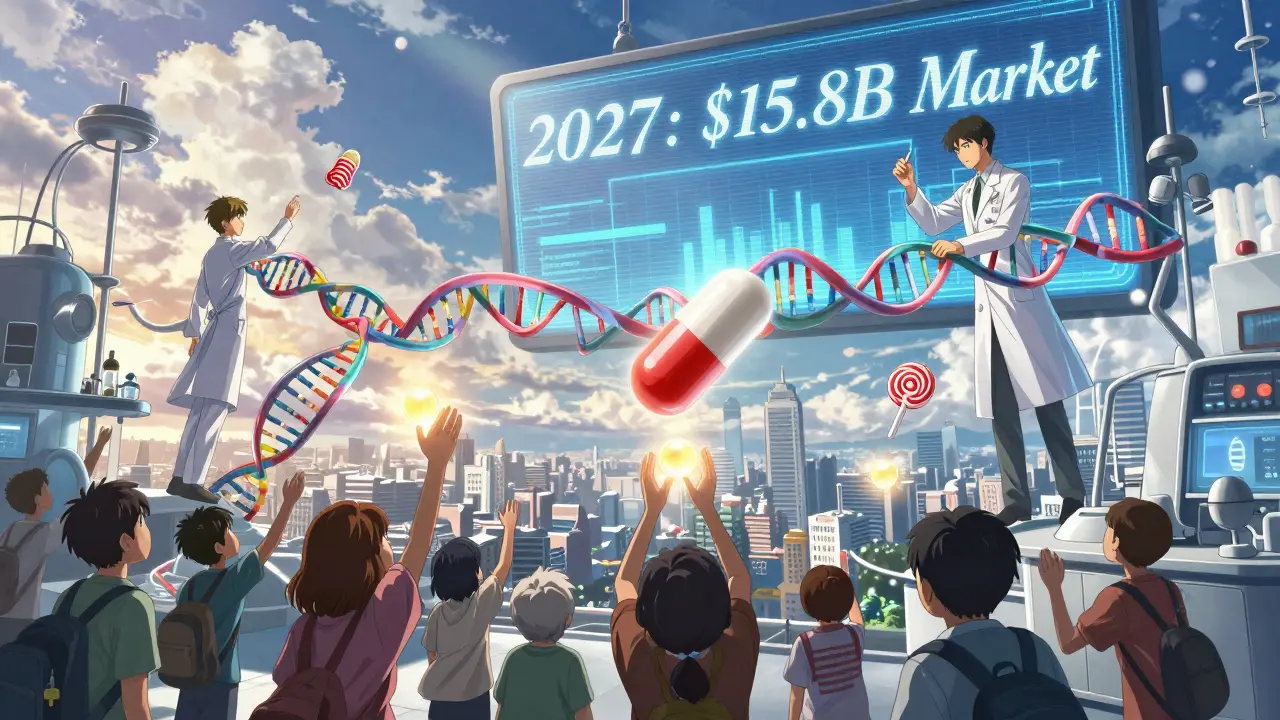 Pharmacists customizing personalized medications using DNA ribbons in a floating laboratory as glowing orbs descend to patients below.