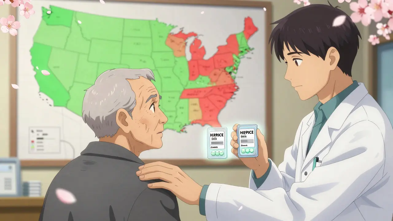 Prescriber comforting patient as pharmacist shows two identical pills with different prices, U.S. map glowing in background.
