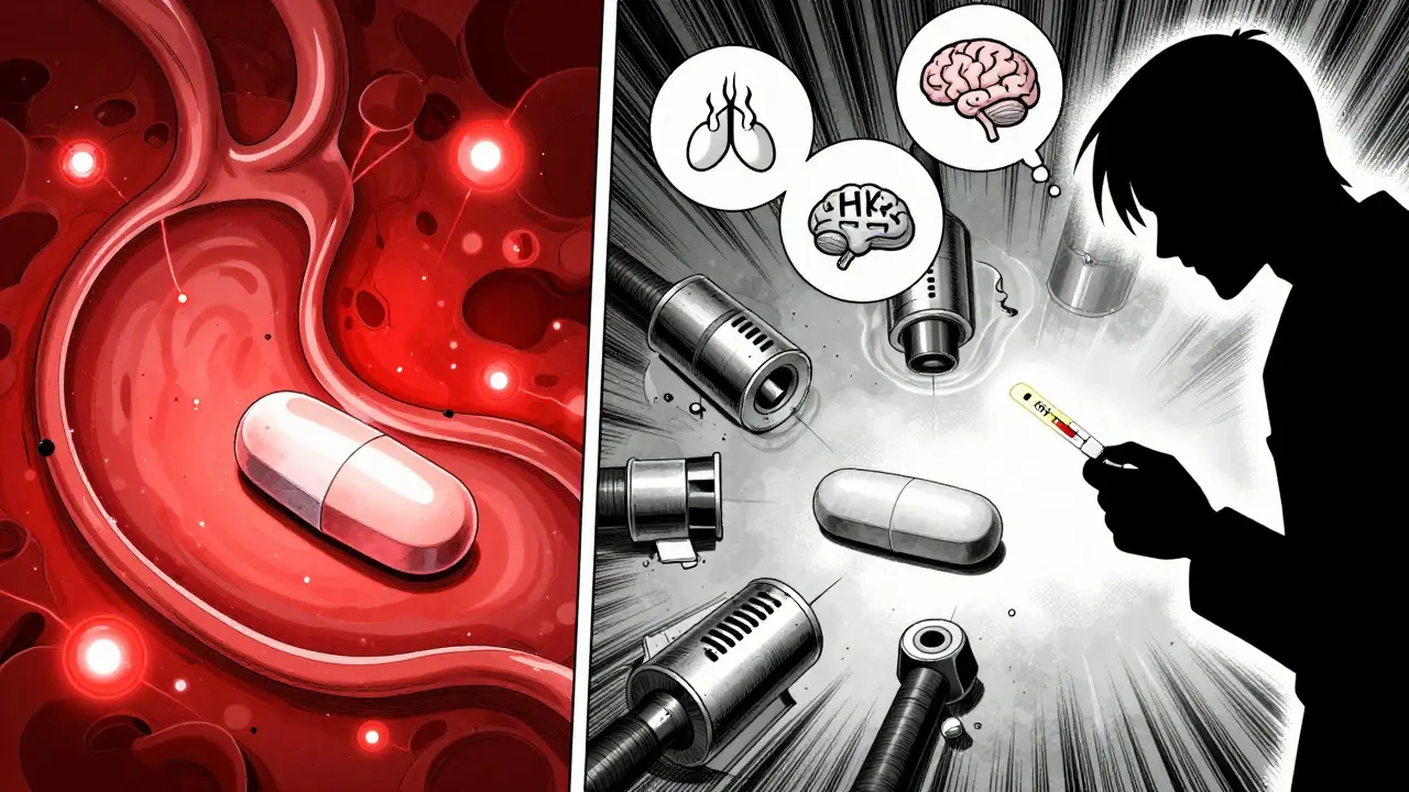Split scene: levothyroxine dissolving in acid vs. intact in low acid, with TSH levels rising.
