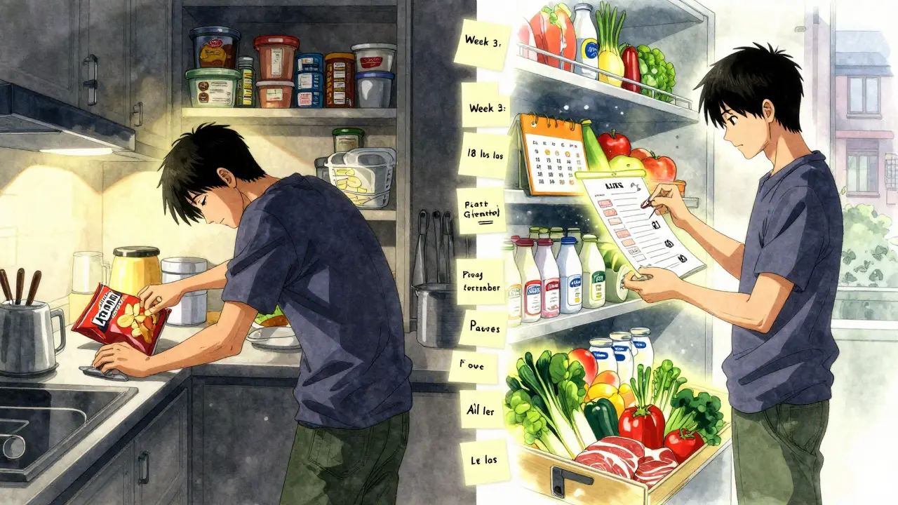 Split scene showing chaotic unhealthy eating vs. organized meal prep with glowing grocery sections and progress notes.