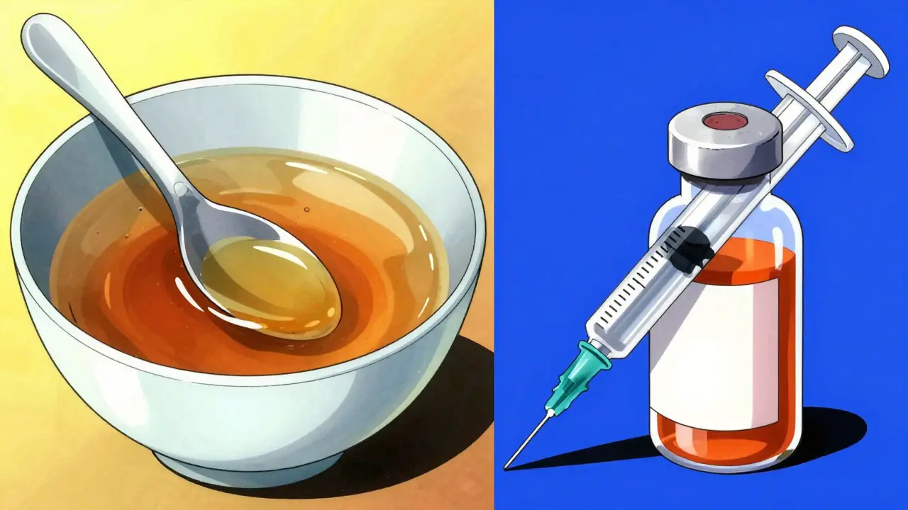 Spoon in soup bowl and syringe for medicine side by side