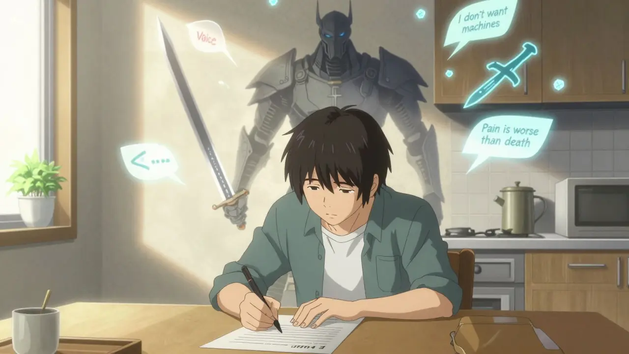 Young adult signing healthcare power of attorney, shadow becoming a guardian with sword labeled 'Voice'.