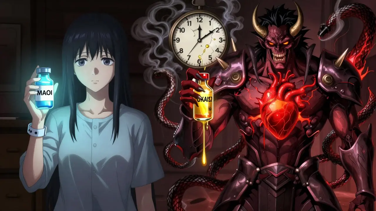 A calm patient transformed into a demonic figure holding ephedrine, with glowing MAOI vial on the other side, dramatic energy clash.