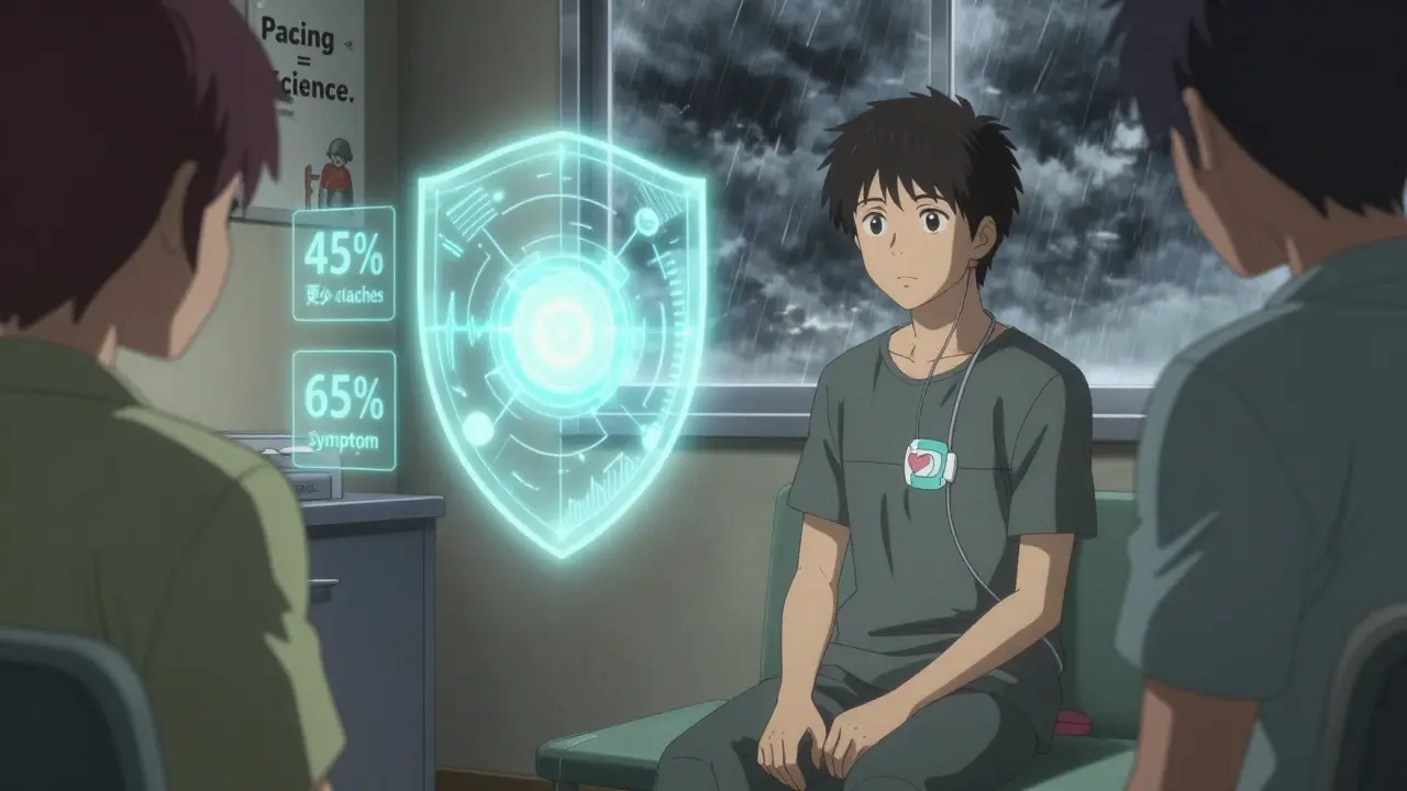 A calm patient wearing a heart rate monitor, protected by a glowing energy shield, declining social plans in a quiet clinic.
