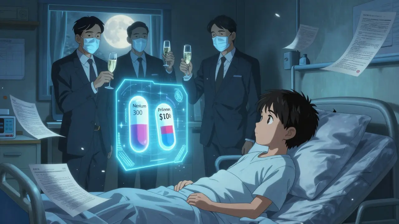 A child sees two identical pills with vastly different prices, while corporate figures celebrate above.