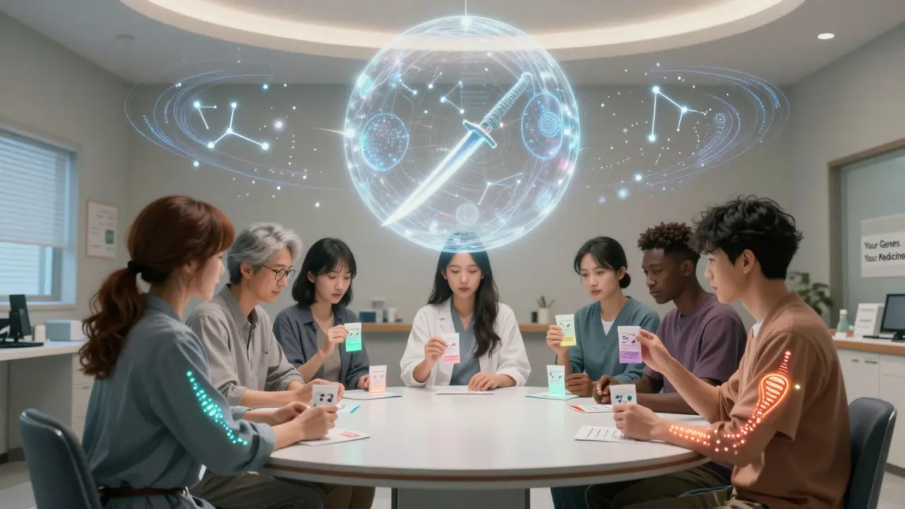 A diverse group of patients receiving personalized medication packets guided by a glowing AI orb projecting genetic risk constellations.