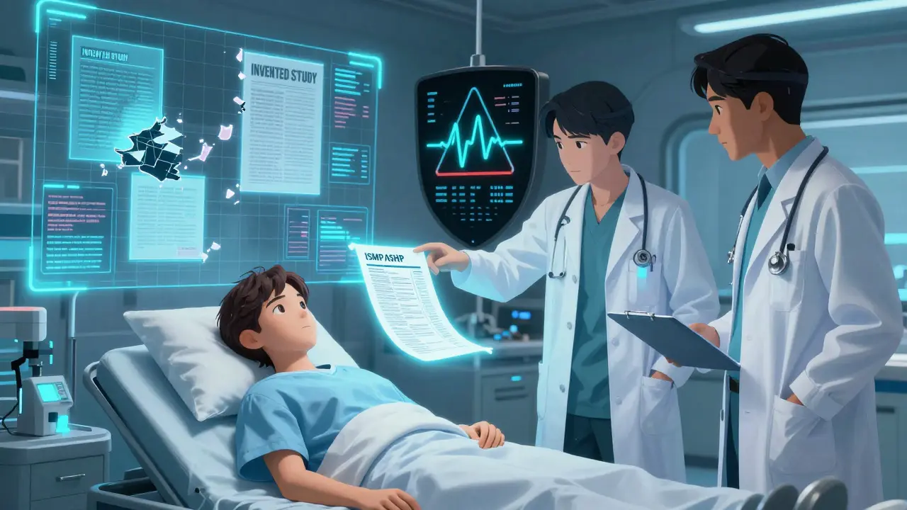 A hospital scene where AI misinformation fades as real medical professionals guide a patient using official safety guidelines.